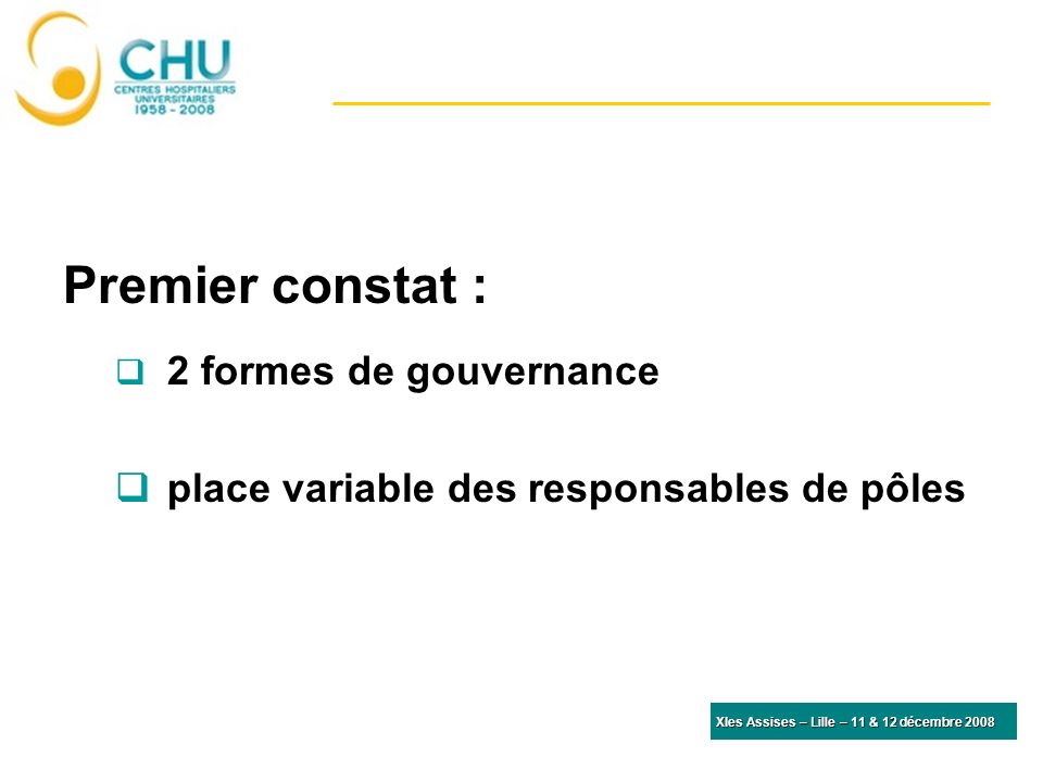 Premier constat : 2 formes de gouvernance place variable des responsables de pôles XIes Assises – Lille – 11 & 12 décembre 2008