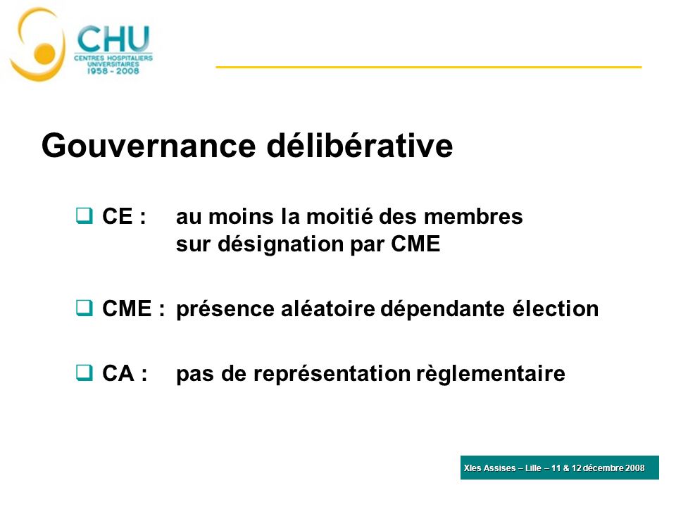 Gouvernance délibérative CE : au moins la moitié des membres sur désignation par CME CME : présence aléatoire dépendante élection CA : pas de représentation règlementaire XIes Assises – Lille – 11 & 12 décembre 2008