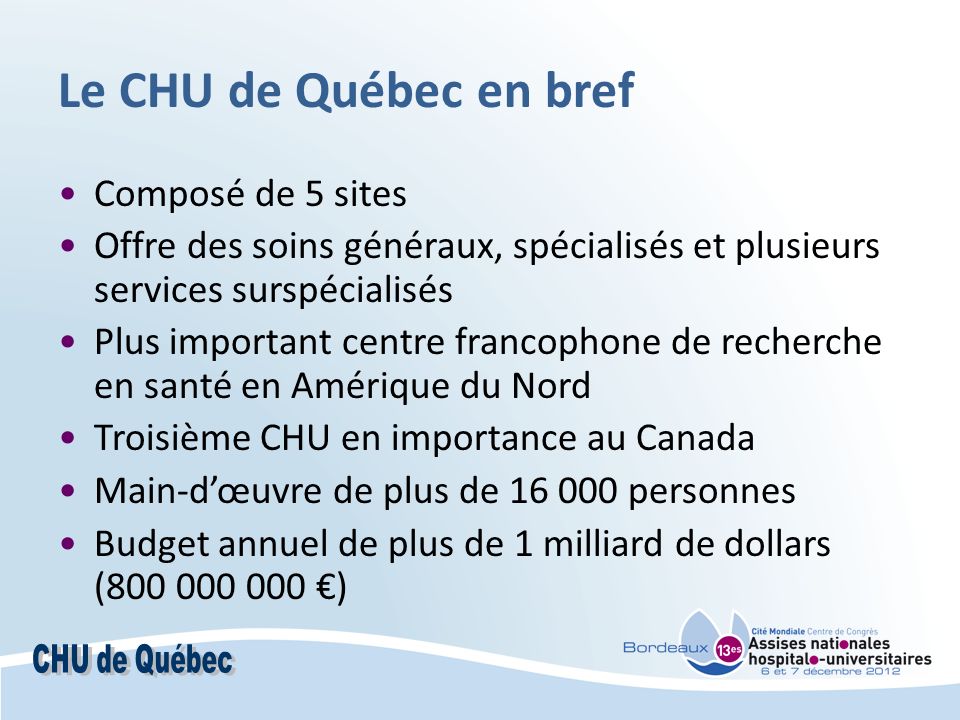 Le CHU de Québec en bref Composé de 5 sites Offre des soins généraux, spécialisés et plusieurs services surspécialisés Plus important centre francophone de recherche en santé en Amérique du Nord Troisième CHU en importance au Canada Main-dœuvre de plus de personnes Budget annuel de plus de 1 milliard de dollars ( )