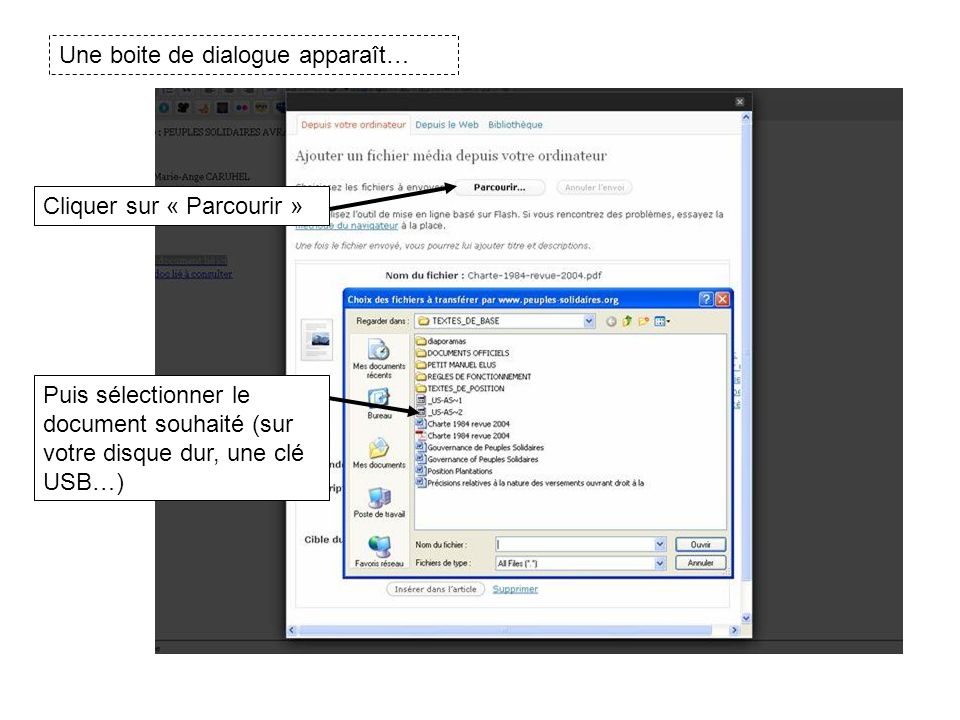 Une boite de dialogue apparaît… Cliquer sur « Parcourir » Puis sélectionner le document souhaité (sur votre disque dur, une clé USB…)