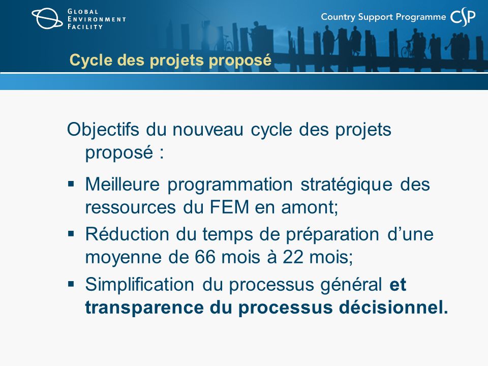 Cycle des projets proposé Objectifs du nouveau cycle des projets proposé : Meilleure programmation stratégique des ressources du FEM en amont; Réduction du temps de préparation dune moyenne de 66 mois à 22 mois; Simplification du processus général et transparence du processus décisionnel.