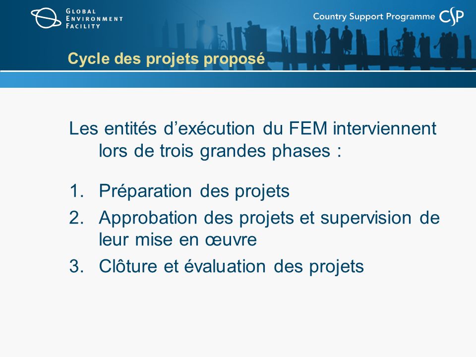 Cycle des projets proposé Les entités dexécution du FEM interviennent lors de trois grandes phases : 1.Préparation des projets 2.Approbation des projets et supervision de leur mise en œuvre 3.Clôture et évaluation des projets