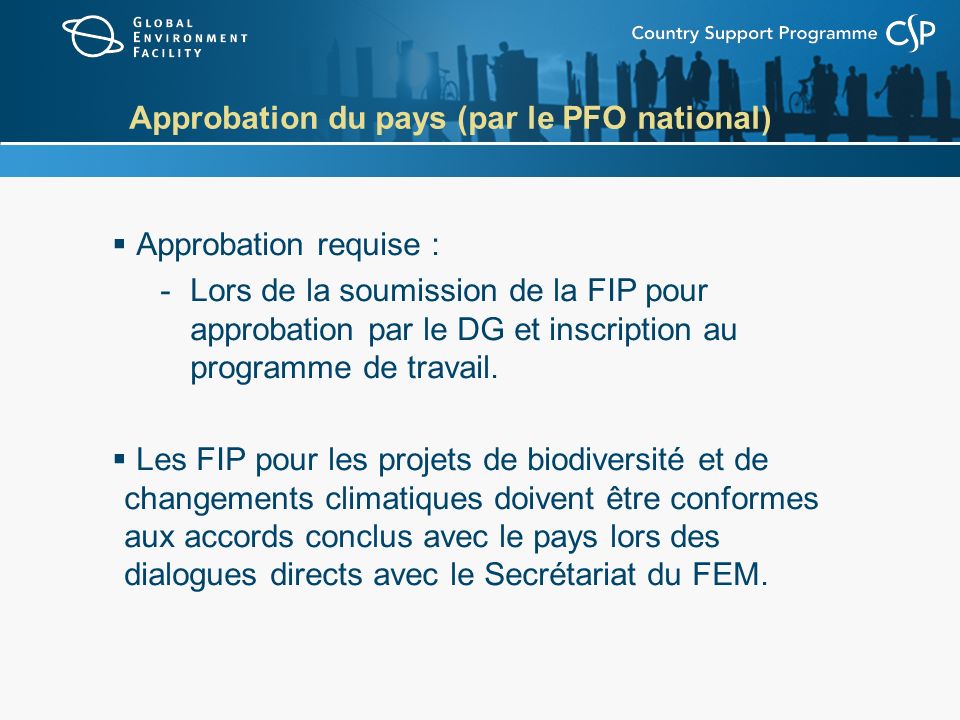 Approbation du pays (par le PFO national) Approbation requise : -Lors de la soumission de la FIP pour approbation par le DG et inscription au programme de travail.