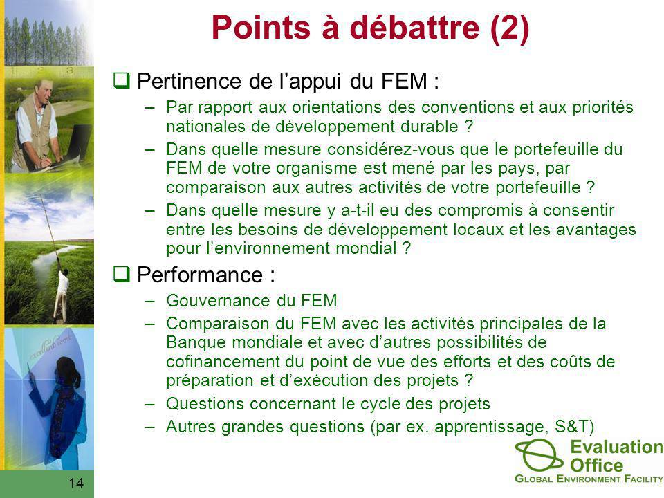 Points à débattre (2) Pertinence de lappui du FEM : –Par rapport aux orientations des conventions et aux priorités nationales de développement durable .
