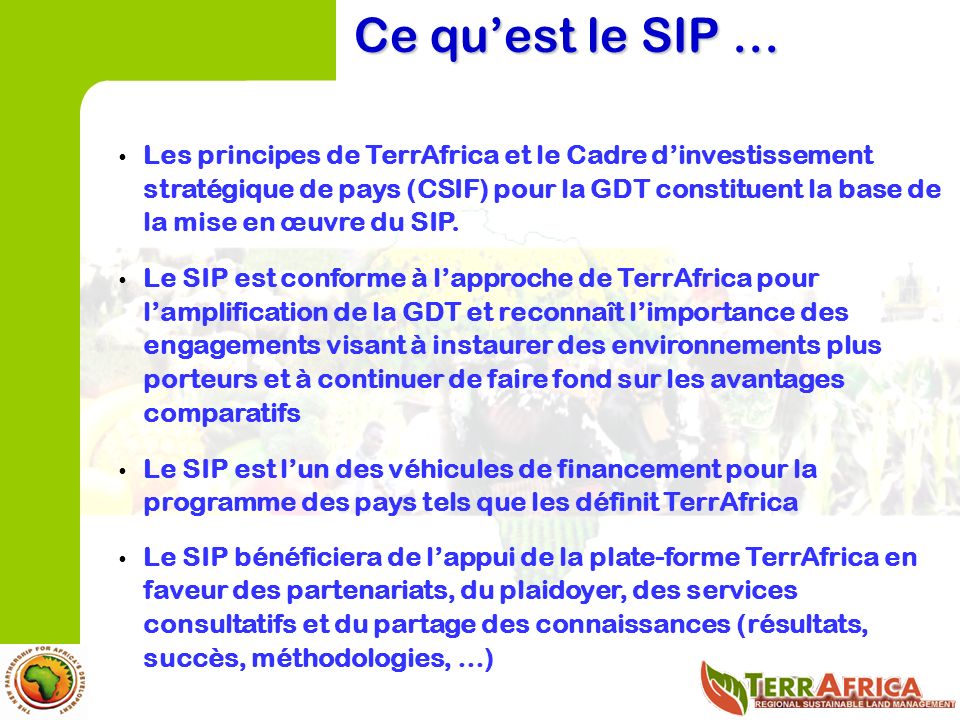 Les principes de TerrAfrica et le Cadre dinvestissement stratégique de pays (CSIF) pour la GDT constituent la base de la mise en œuvre du SIP.
