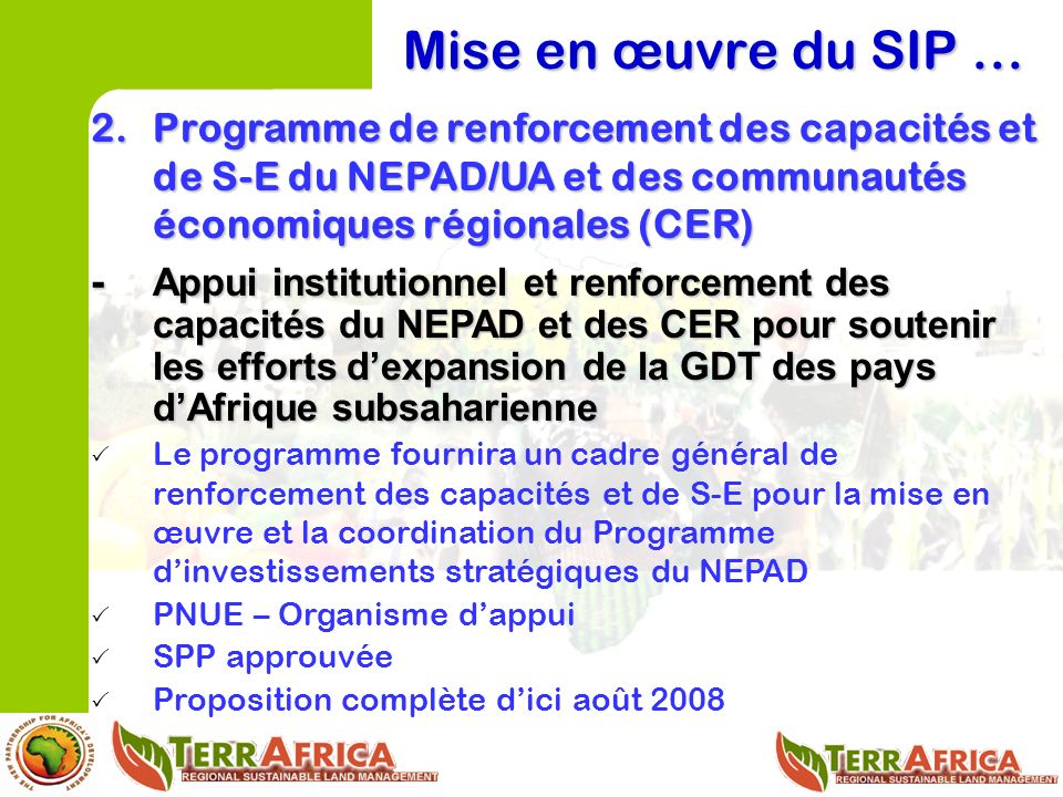 Mise en œuvre du SIP … 2.Programme de renforcement des capacités et de S-E du NEPAD/UA et des communautés économiques régionales (CER) - Appui institutionnel et renforcement des capacités du NEPAD et des CER pour soutenir les efforts dexpansion de la GDT des pays dAfrique subsaharienne Le programme fournira un cadre général de renforcement des capacités et de S-E pour la mise en œuvre et la coordination du Programme dinvestissements stratégiques du NEPAD PNUE – Organisme dappui SPP approuvée Proposition complète dici août 2008