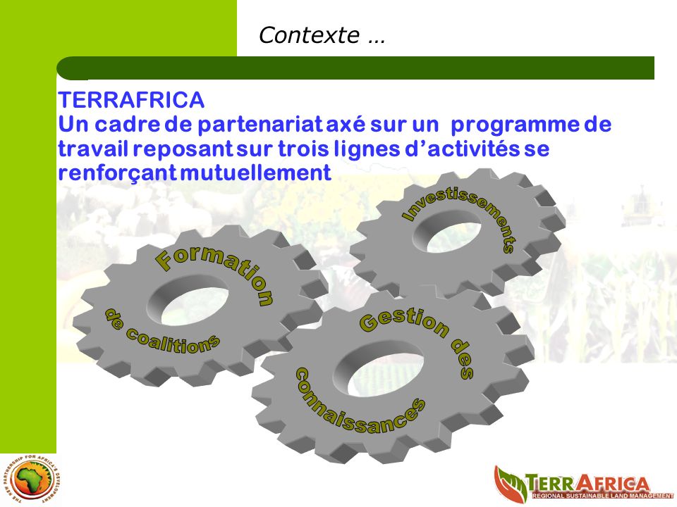 Contexte … TERRAFRICA Un cadre de partenariat axé sur un programme de travail reposant sur trois lignes dactivités se renforçant mutuellement
