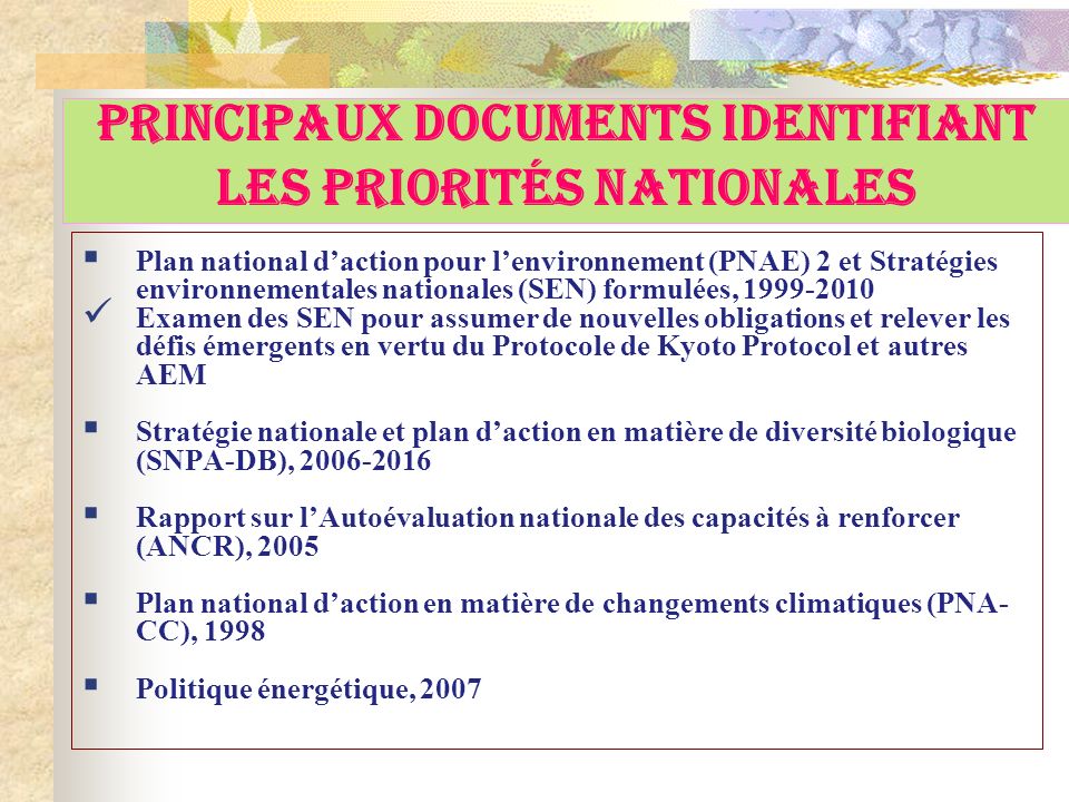 Principaux Documents Identifiant Les Priorités Nationales Plan national daction pour lenvironnement (PNAE) 2 et Stratégies environnementales nationales (SEN) formulées, Examen des SEN pour assumer de nouvelles obligations et relever les défis émergents en vertu du Protocole de Kyoto Protocol et autres AEM Stratégie nationale et plan daction en matière de diversité biologique (SNPA-DB), Rapport sur lAutoévaluation nationale des capacités à renforcer (ANCR), 2005 Plan national daction en matière de changements climatiques (PNA- CC), 1998 Politique énergétique, 2007