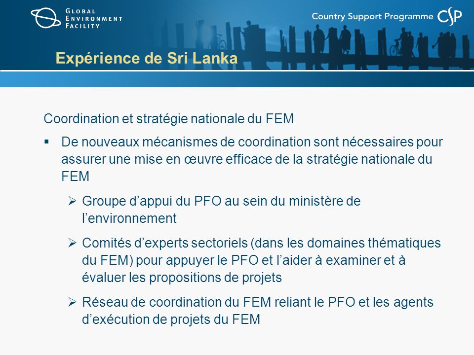 Expérience de Sri Lanka Coordination et stratégie nationale du FEM De nouveaux mécanismes de coordination sont nécessaires pour assurer une mise en œuvre efficace de la stratégie nationale du FEM Groupe dappui du PFO au sein du ministère de lenvironnement Comités dexperts sectoriels (dans les domaines thématiques du FEM) pour appuyer le PFO et laider à examiner et à évaluer les propositions de projets Réseau de coordination du FEM reliant le PFO et les agents dexécution de projets du FEM