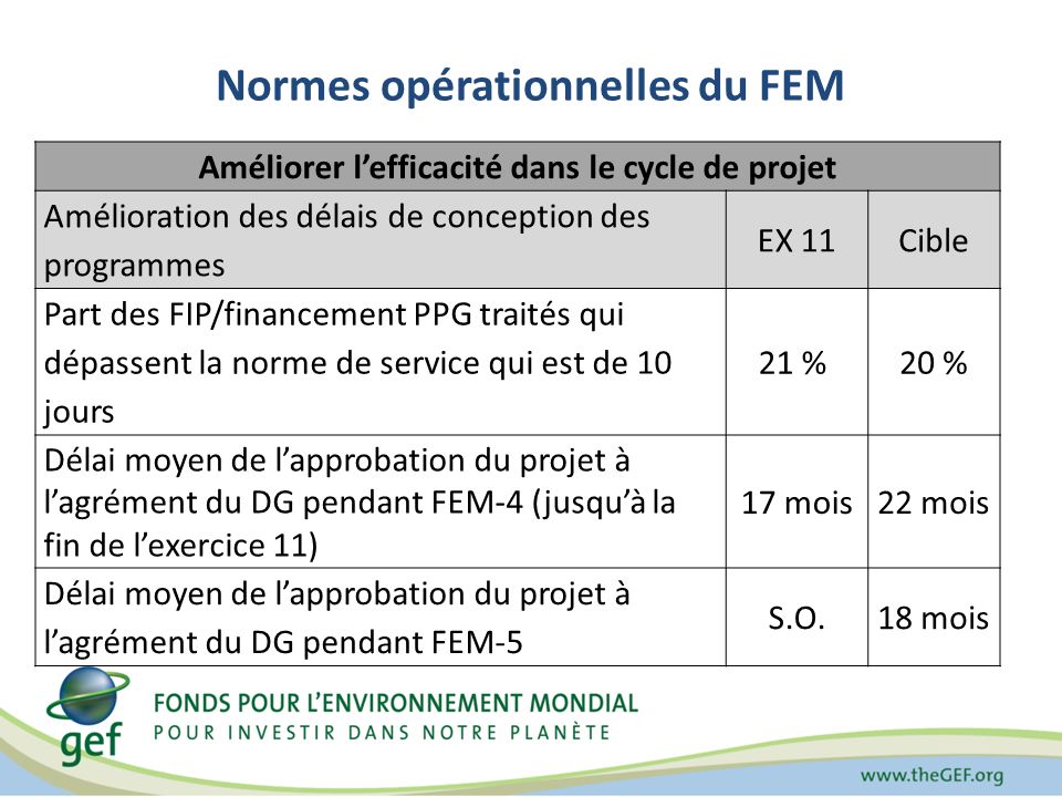 Normes opérationnelles du FEM Améliorer lefficacité dans le cycle de projet Amélioration des délais de conception des programmes EX 11Cible Part des FIP/financement PPG traités qui dépassent la norme de service qui est de 10 jours 21 % 20 % Délai moyen de lapprobation du projet à lagrément du DG pendant FEM-4 (jusquà la fin de lexercice 11) 17 mois22 mois Délai moyen de lapprobation du projet à lagrément du DG pendant FEM-5 S.O.18 mois