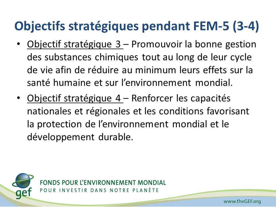 Objectifs stratégiques pendant FEM-5 (3-4) Objectif stratégique 3 – Promouvoir la bonne gestion des substances chimiques tout au long de leur cycle de vie afin de réduire au minimum leurs effets sur la santé humaine et sur lenvironnement mondial.