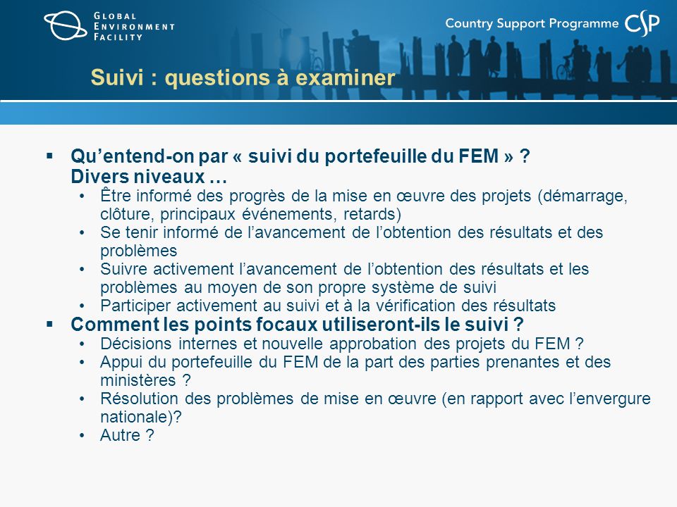 Suivi : questions à examiner Quentend-on par « suivi du portefeuille du FEM » .