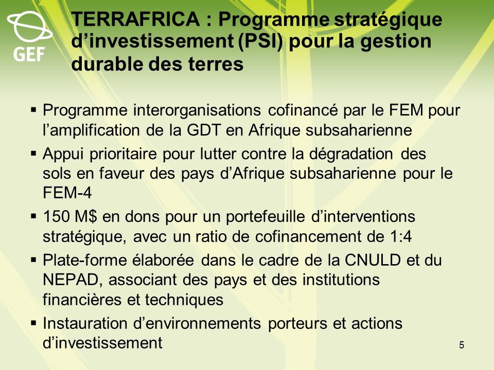 TERRAFRICA : Programme stratégique dinvestissement (PSI) pour la gestion durable des terres Programme interorganisations cofinancé par le FEM pour lamplification de la GDT en Afrique subsaharienne Appui prioritaire pour lutter contre la dégradation des sols en faveur des pays dAfrique subsaharienne pour le FEM M$ en dons pour un portefeuille dinterventions stratégique, avec un ratio de cofinancement de 1:4 Plate-forme élaborée dans le cadre de la CNULD et du NEPAD, associant des pays et des institutions financières et techniques Instauration denvironnements porteurs et actions dinvestissement 5