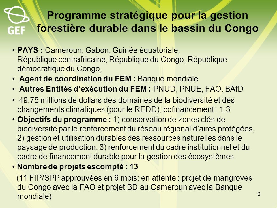 Programme stratégique pour la gestion forestière durable dans le bassin du Congo PAYS : Cameroun, Gabon, Guinée équatoriale, République centrafricaine, République du Congo, République démocratique du Congo, Agent de coordination du FEM : Banque mondiale Autres Entités dexécution du FEM : PNUD, PNUE, FAO, BAfD 49,75 millions de dollars des domaines de la biodiversité et des changements climatiques (pour le REDD); cofinancement : 1:3 Objectifs du programme : 1) conservation de zones clés de biodiversité par le renforcement du réseau régional daires protégées, 2) gestion et utilisation durables des ressources naturelles dans le paysage de production, 3) renforcement du cadre institutionnel et du cadre de financement durable pour la gestion des écosystèmes.
