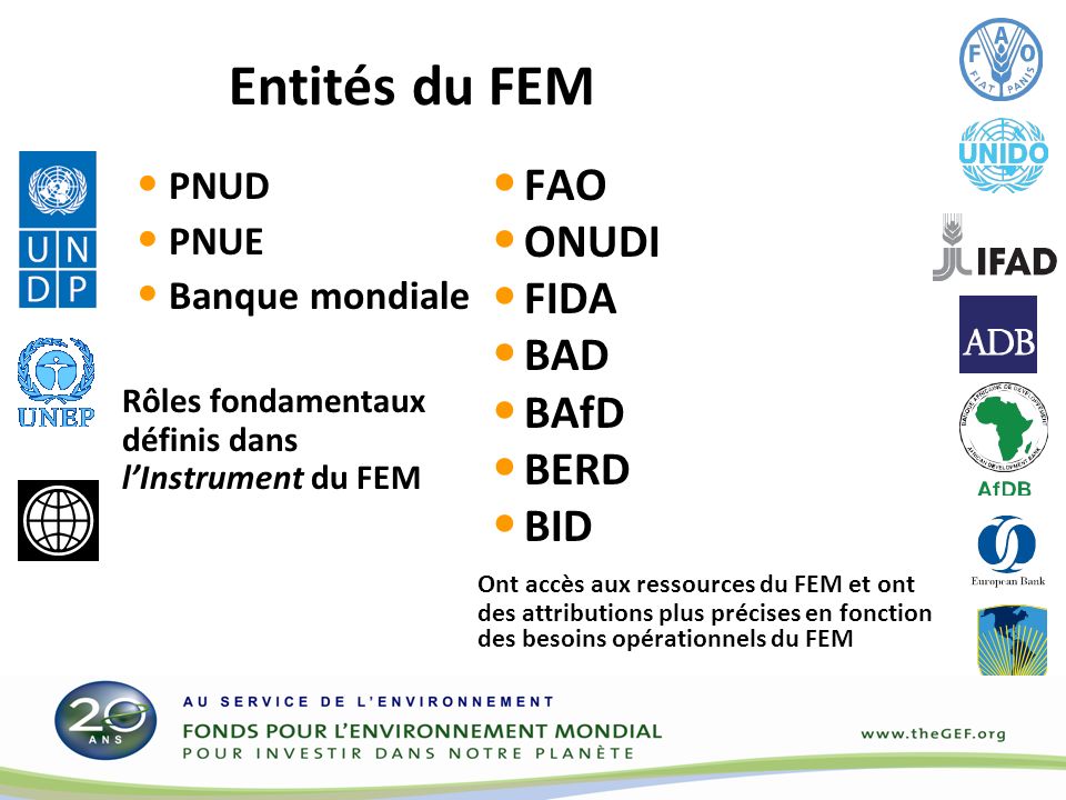 Entités du FEM PNUD PNUE Banque mondiale Rôles fondamentaux définis dans lInstrument du FEM FAO ONUDI FIDA BAD BAfD BERD BID Ont accès aux ressources du FEM et ont des attributions plus précises en fonction des besoins opérationnels du FEM
