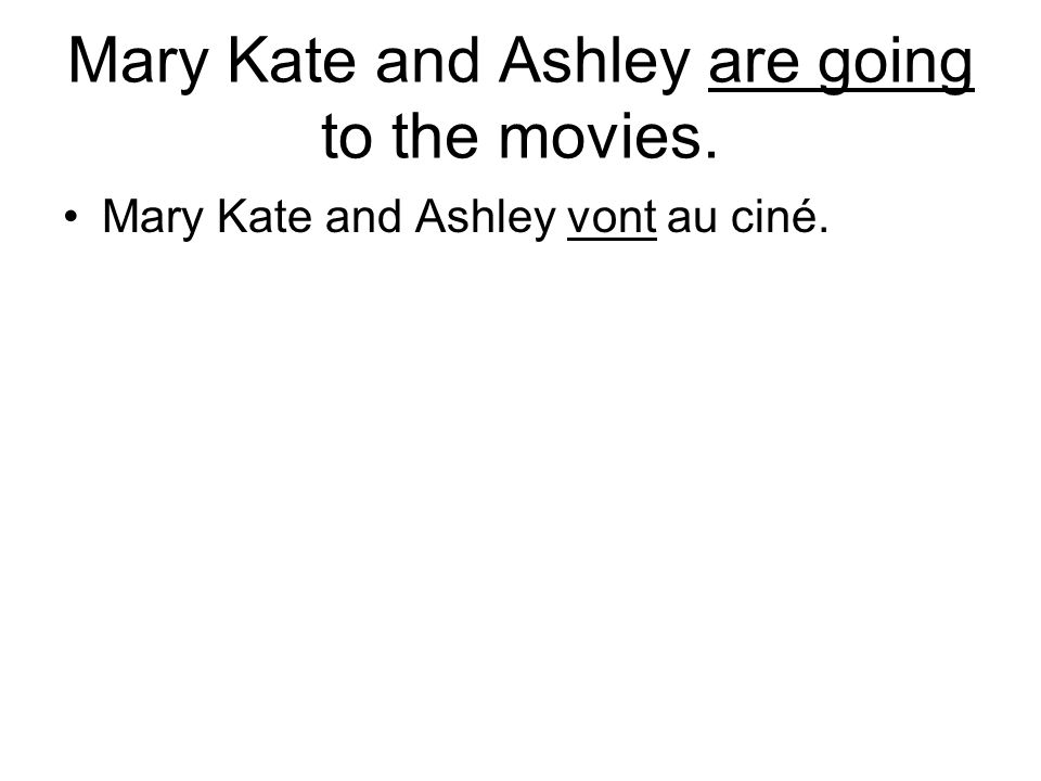 Mary Kate and Ashley are going to the movies. Mary Kate and Ashley vont au ciné.