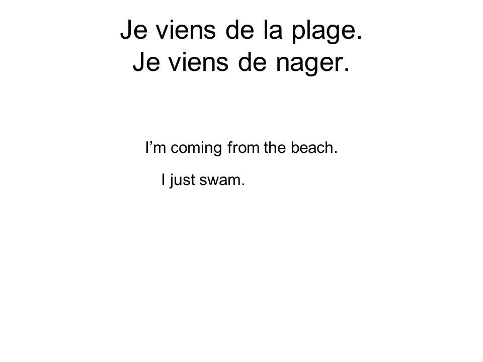 Je viens de la plage. Je viens de nager. Im coming from the beach. I just swam.