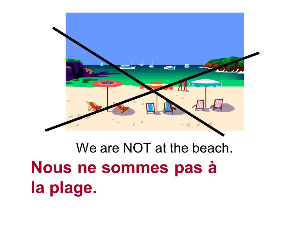 We are NOT at the beach. Nous ne sommes pas à la plage.