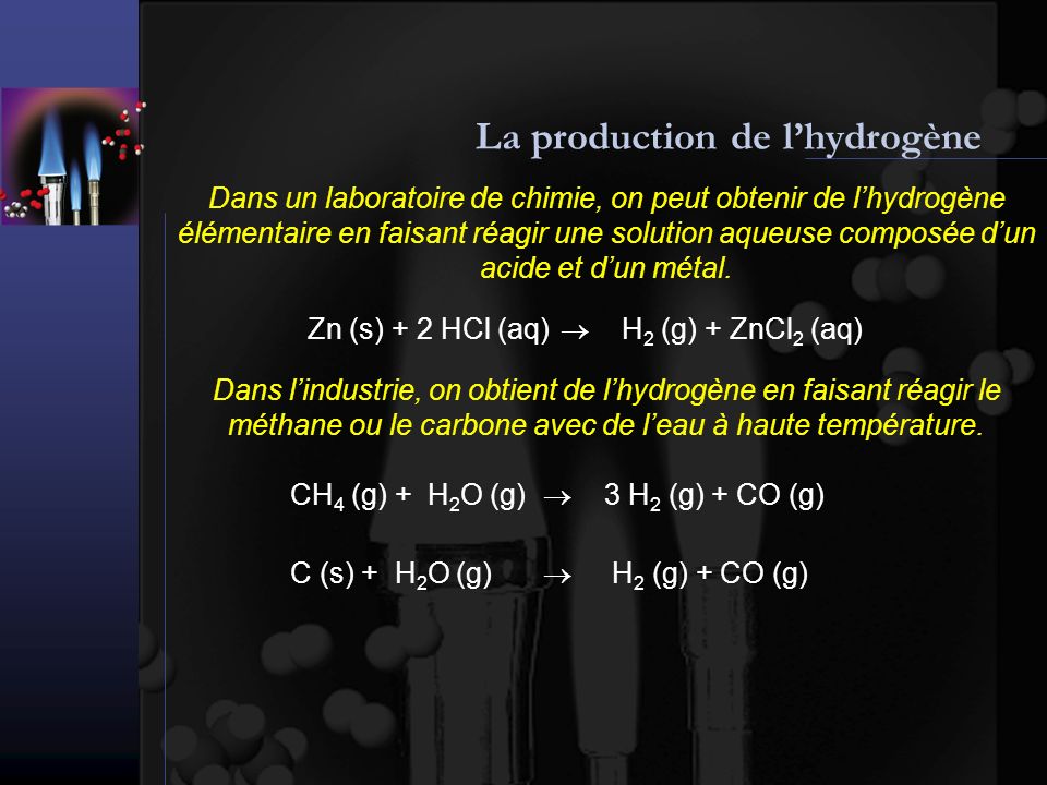 La production de lhydrogène Dans un laboratoire de chimie, on peut obtenir de lhydrogène élémentaire en faisant réagir une solution aqueuse composée dun acide et dun métal.