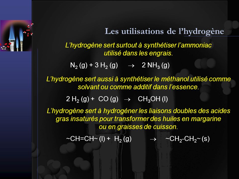 Les utilisations de lhydrogène Lhydrogène sert surtout à synthétiser lammoniac utilisé dans les engrais.