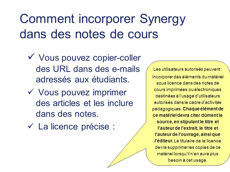 Comment incorporer Synergy dans des notes de cours Vous pouvez copier-coller des URL dans des  s adressés aux étudiants.