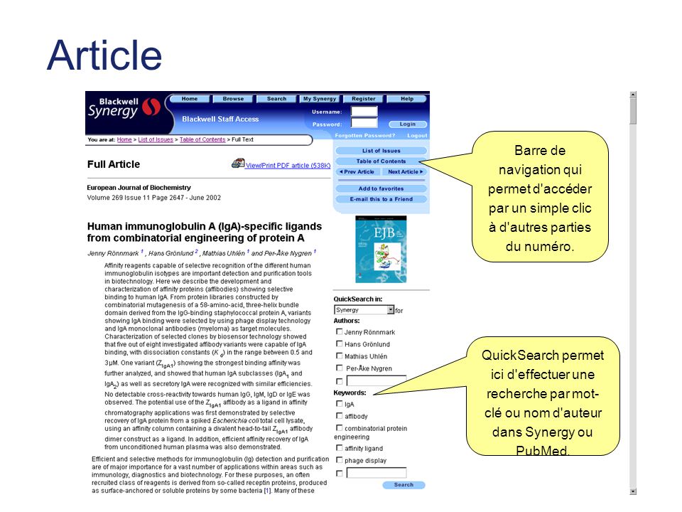 Article QuickSearch permet ici d effectuer une recherche par mot- clé ou nom d auteur dans Synergy ou PubMed.