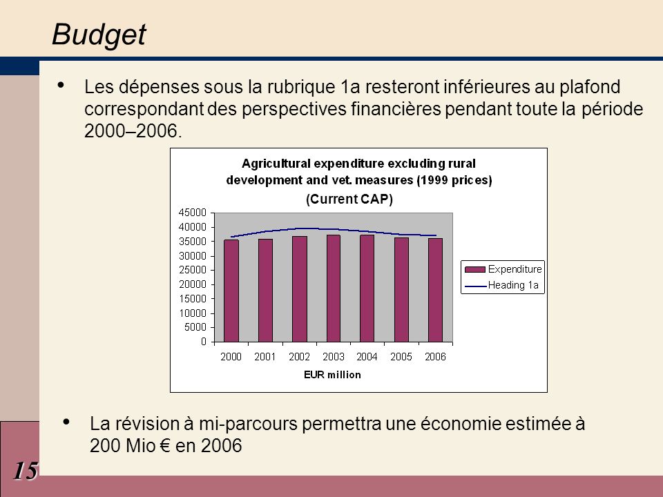 Budget 15 Les dépenses sous la rubrique 1a resteront inférieures au plafond correspondant des perspectives financières pendant toute la période 2000–2006.