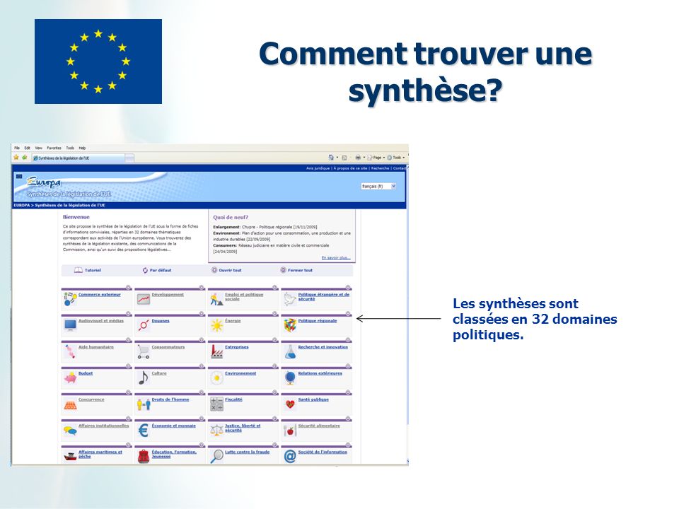 Comment trouver une synthèse Les synthèses sont classées en 32 domaines politiques.