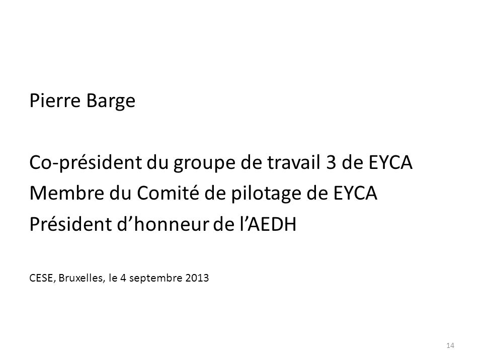 Pierre Barge Co-président du groupe de travail 3 de EYCA Membre du Comité de pilotage de EYCA Président dhonneur de lAEDH CESE, Bruxelles, le 4 septembre