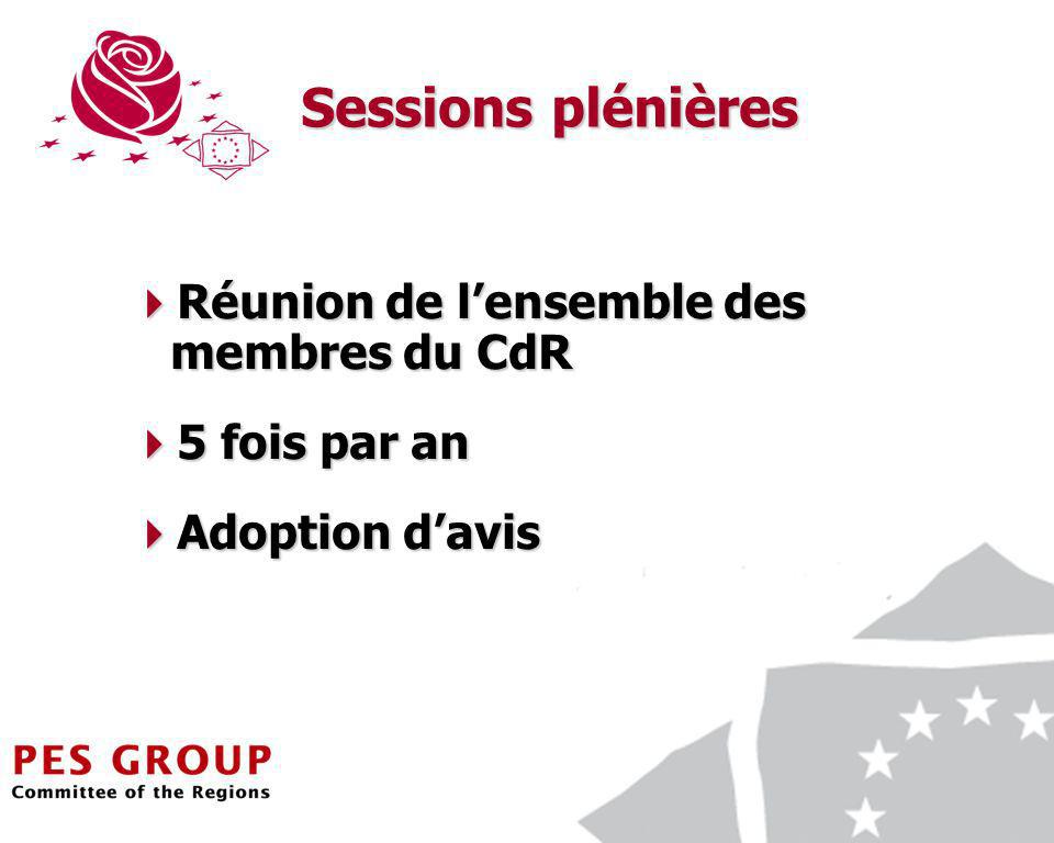 14 Sessions plénières Réunion de lensemble des membres du CdR Réunion de lensemble des membres du CdR 5 fois par an 5 fois par an Adoption davis Adoption davis