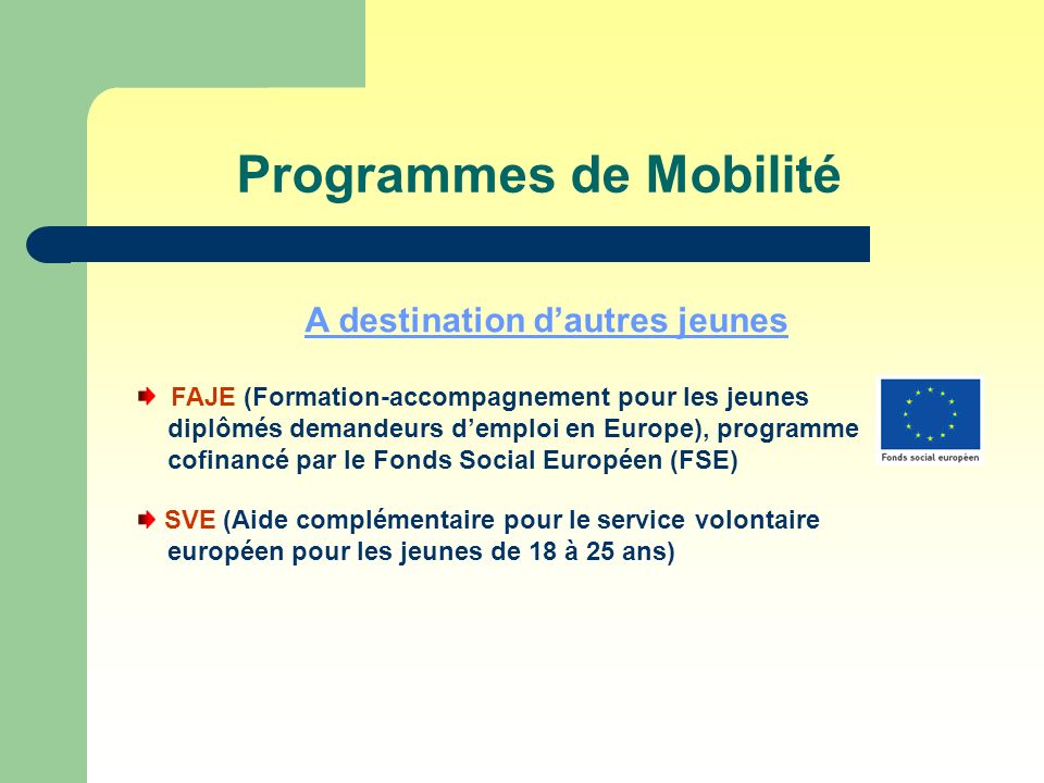 Programmes de Mobilité A destination dautres jeunes FAJE (Formation-accompagnement pour les jeunes diplômés demandeurs demploi en Europe), programme cofinancé par le Fonds Social Européen (FSE) SVE (Aide complémentaire pour le service volontaire européen pour les jeunes de 18 à 25 ans)