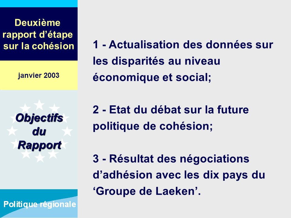 Deuxième rapport détape sur la cohésion 1 - Actualisation des données sur les disparités au niveau économique et social; 2 - Etat du débat sur la future politique de cohésion; 3 - Résultat des négociations dadhésion avec les dix pays du Groupe de Laeken.