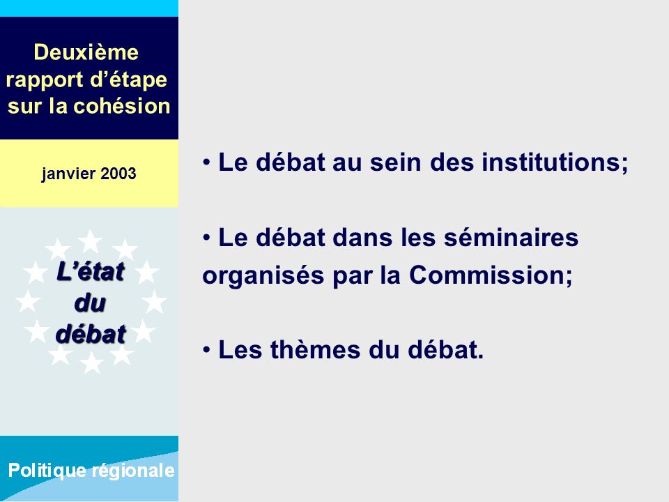 Deuxième rapport détape sur la cohésion Le débat au sein des institutions; Le débat dans les séminaires organisés par la Commission; Les thèmes du débat.