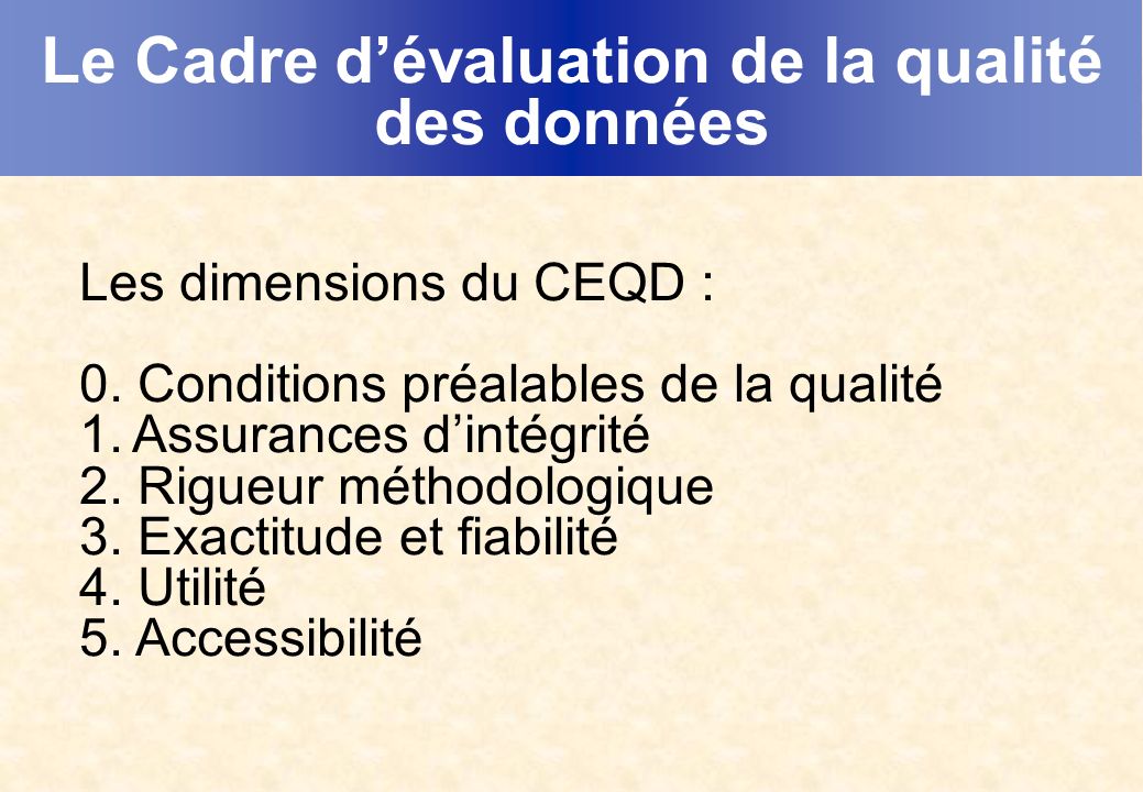 Le Cadre dévaluation de la qualité des données Les dimensions du CEQD : 0.