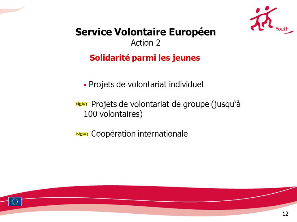 12 Service Volontaire Européen Action 2 Solidarité parmi les jeunes Projets de volontariat individuel Projets de volontariat de groupe (jusquà 100 volontaires) Coopération internationale