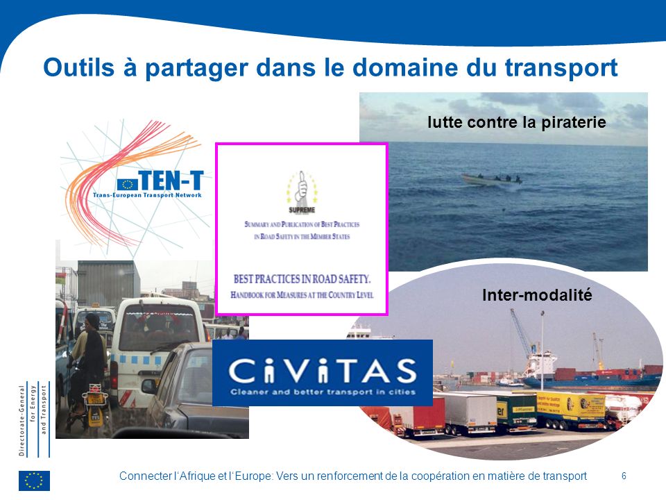 Connecter lAfrique et lEurope: Vers un renforcement de la coopération en matière de transport Outils à partager dans le domaine du transport 6 lutte contre la piraterie Inter-modalité