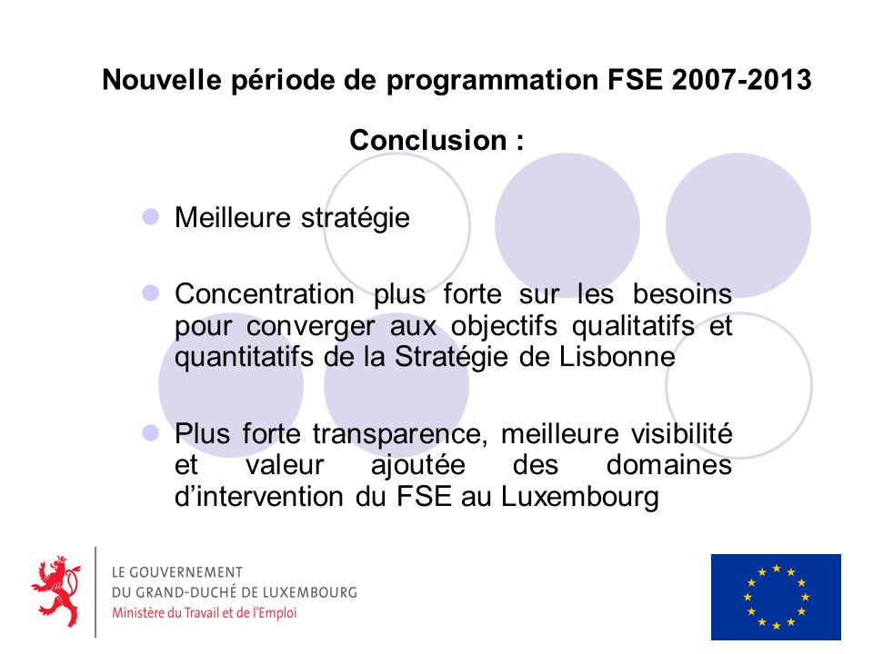 Nouvelle période de programmation FSE Conclusion : Meilleure stratégie Concentration plus forte sur les besoins pour converger aux objectifs qualitatifs et quantitatifs de la Stratégie de Lisbonne Plus forte transparence, meilleure visibilité et valeur ajoutée des domaines dintervention du FSE au Luxembourg
