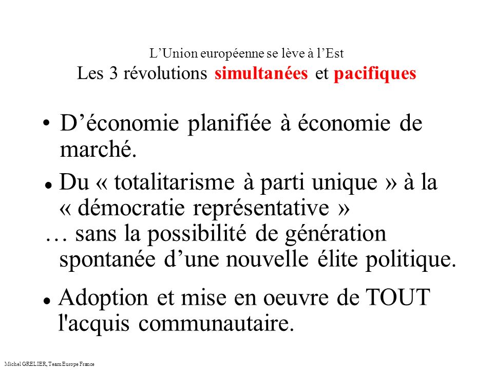 LUnion européenne se lève à lEst Les 3 révolutions simultanées et pacifiques Michel GRELIER, Team Europe France Déconomie planifiée à économie de marché.