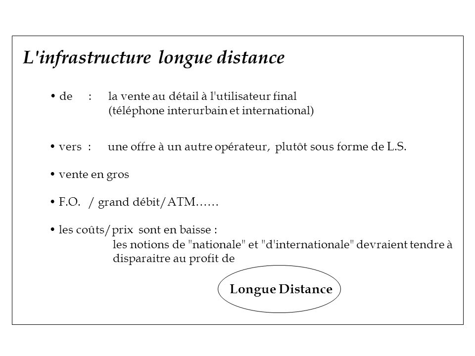 L infrastructure longue distance de:la vente au détail à l utilisateur final (téléphone interurbain et international) vers:une offre à un autre opérateur, plutôt sous forme de L.S.