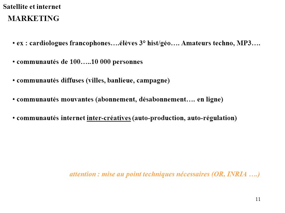 11 Satellite et internet MARKETING ex : cardiologues francophones….élèves 3° hist/géo….