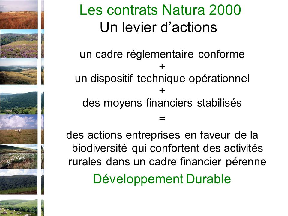 un cadre réglementaire conforme + un dispositif technique opérationnel + des moyens financiers stabilisés = des actions entreprises en faveur de la biodiversité qui confortent des activités rurales dans un cadre financier pérenne Développement Durable Les contrats Natura 2000 Un levier dactions