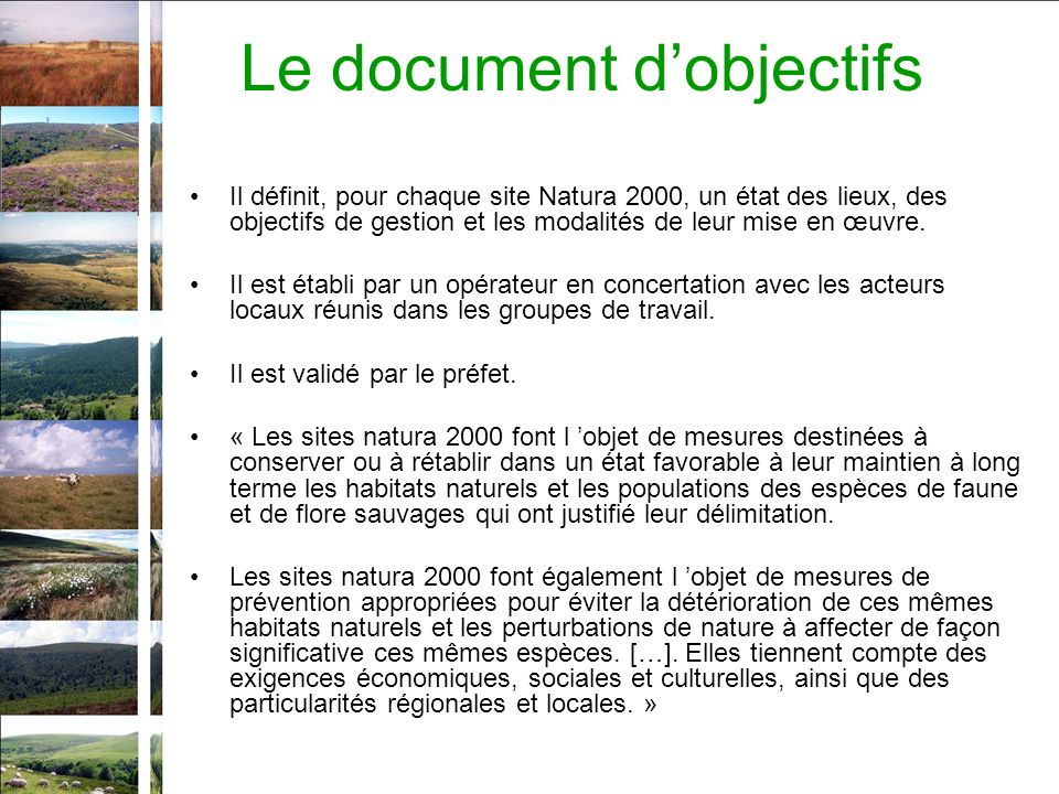 Le document dobjectifs Il définit, pour chaque site Natura 2000, un état des lieux, des objectifs de gestion et les modalités de leur mise en œuvre.