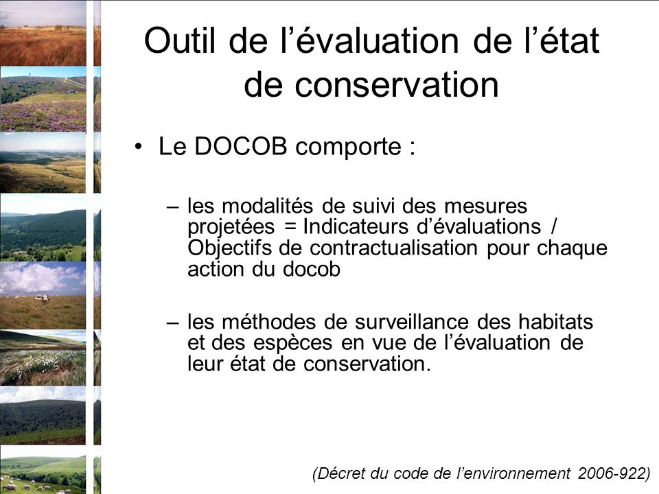 Le DOCOB comporte : –les modalités de suivi des mesures projetées = Indicateurs dévaluations / Objectifs de contractualisation pour chaque action du docob –les méthodes de surveillance des habitats et des espèces en vue de lévaluation de leur état de conservation.