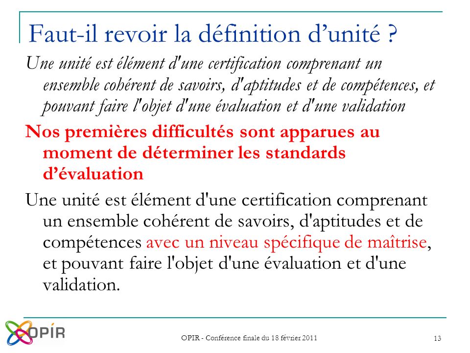 OPIR - Conférence finale du 18 février Faut-il revoir la définition dunité .