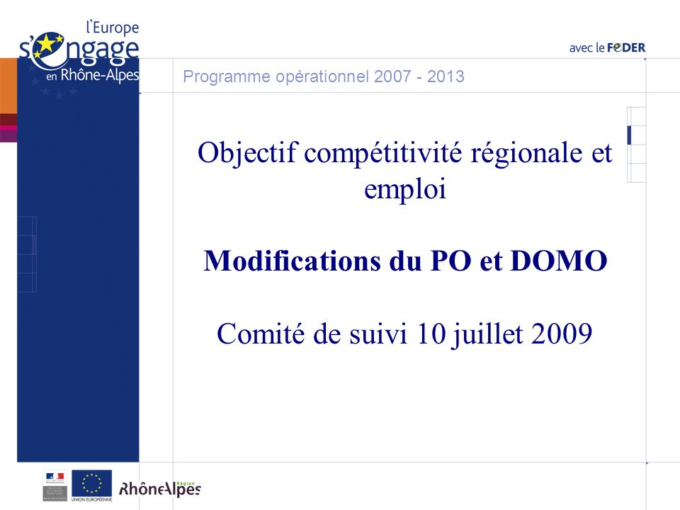 Objectif compétitivité régionale et emploi Modifications du PO et DOMO Comité de suivi 10 juillet 2009 Programme opérationnel