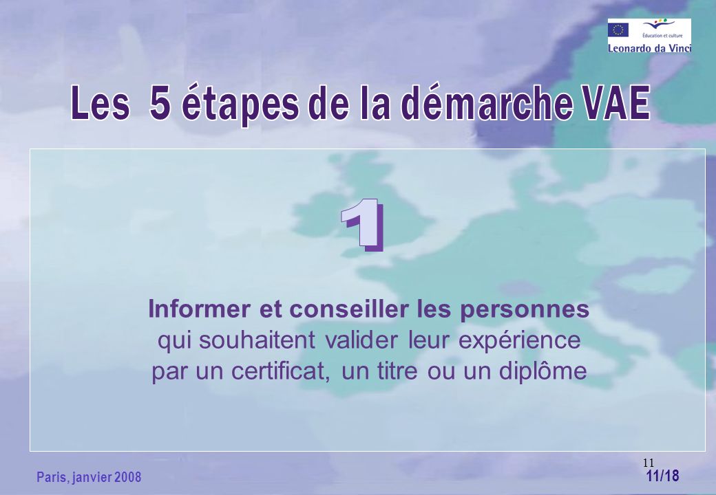 11 Paris, janvier 2008 Informer et conseiller les personnes qui souhaitent valider leur expérience par un certificat, un titre ou un diplôme 11/18