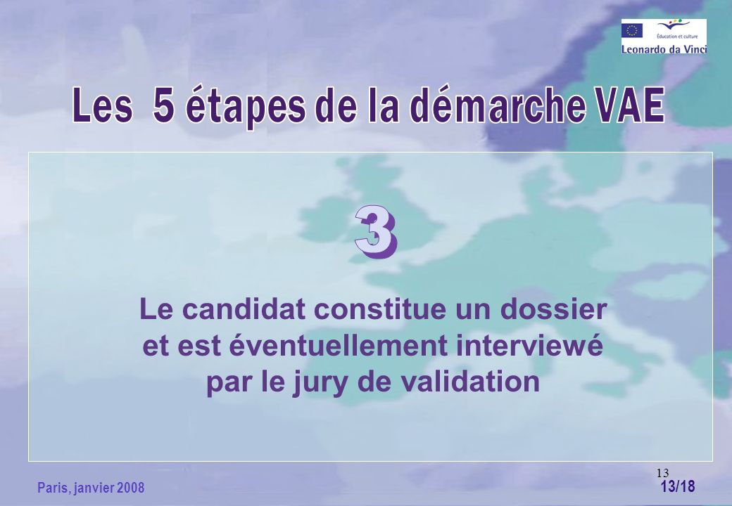 13 Paris, janvier 2008 Le candidat constitue un dossier et est éventuellement interviewé par le jury de validation 13/18
