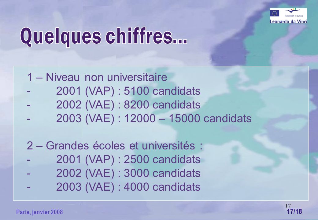 17 Paris, janvier – Niveau non universitaire (VAP) : 5100 candidats (VAE) : 8200 candidats (VAE) : – candidats 2 – Grandes écoles et universités : (VAP) : 2500 candidats (VAE) : 3000 candidats (VAE) : 4000 candidats 17/18