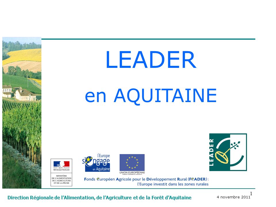 1 Direction Régionale de lAlimentation, de lAgriculture et de la Forêt dAquitaine LEADER en AQUITAINE 4 novembre 2011