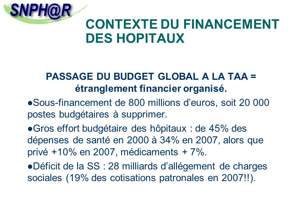 CONTEXTE DU FINANCEMENT DES HOPITAUX PASSAGE DU BUDGET GLOBAL A LA TAA = étranglement financier organisé.